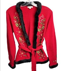 Carson Belted Open Front Floral Embroidered Sweater Cardigan Size S/P